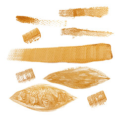 Acrylic paint texture abstract shapes set. Golden colors. Isolated on white background.