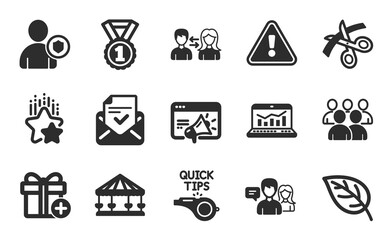 Security, Group and People communication icons simple set. Web analytics, Ranking stars and Carousels signs. Add gift, Seo marketing and Approved mail symbols. Flat icons set. Vector