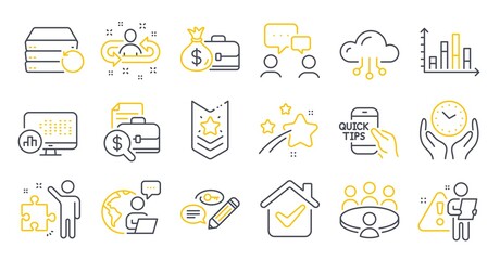 Set of Education icons, such as Report statistics, Keywords, Strategy symbols. Meeting, Recruitment, Salary signs. Cloud computing, People chatting, Safe time. Accounting report, Education. Vector