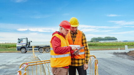 Two construction workers on construction site with tablet computer