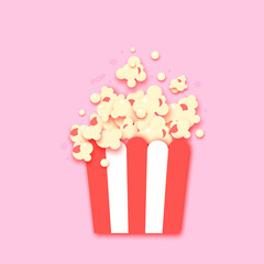 Paper striped bucket. Cup with tasty popcorn paper cut style. Pink Background. Space for text
