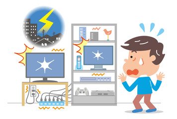 落雷　雷サージ　接続機器の被害を見て驚く若い男性のイラスト
