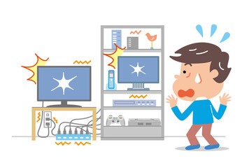 落雷　雷サージ　接続機器の被害を見て驚く若い男性のイラスト