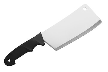 Steel cleaver knife black handle white background isolated closeup, big butcher knife, metal chef knife, hatchet, sharp stainless blade, meat carving knife, cooking food, kitchen utensil, cutting tool