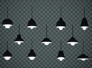 Realistic lighting lamps on transparent background. Illustration with glow light effect.Set of desk lamps vector illustration.