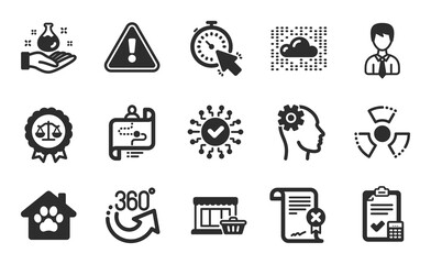 Obraz premium Chemical hazard, Chemistry lab and Journey path icons simple set. Cloud system, Security network and Pet shelter signs. Justice scales, Timer and Accounting checklist symbols. Flat icons set. Vector