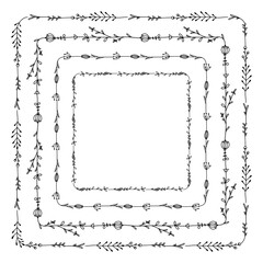 Set of square frames with doodle flowers, branches and leaves. Black and white scribble natural drawings. Vector templates for invitations, cards, banners