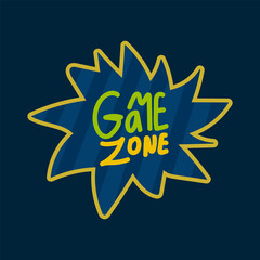 The Game Zone icon. Star logo with colored letters in doodle style. For the poster, an illustration of a children's room. Vector illustration