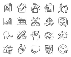 Education icons set. Included icon as 24 hours, Breathing exercise, Graph chart signs. Interview documents, Project deadline, Speech bubble symbols. Presentation, Clock, Justice scales. Vector
