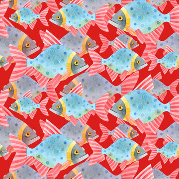 Watercolor seamless pattern of colorful fish. Cute funny carp fish (karps, crucians). Spring, summer pattern. Hand drawn texture of an ornament on a red background. For textiles, wrap, cards.