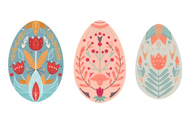Set of Easter eggs. Flat illustration of a festive food with a geometric nature pattern and tribal decorations. Holiday treat with folk pattern on a white background.