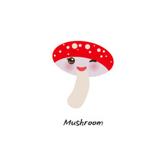 cute Kawaii mushroom, amanita, fly agaric with eyes and pink cheeks, isolated on white background trend of the season. Can be used for cards for children learning words, food packaging. Vector