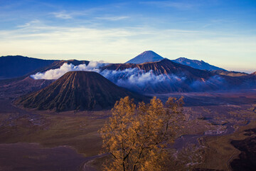 Spectacular Bromo Tengger Semeru National Park on East Java, Indonesia. Aerial view of volcano Bromo, Mount Semeru and Mount Batok from Penanjakan view point