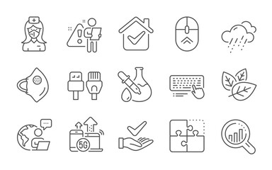 Computer keyboard, 5g internet and Nurse line icons set. Puzzle, Computer cables and Chemistry experiment signs. Swipe up, Medical mask and Rainy weather symbols. Line icons set. Vector