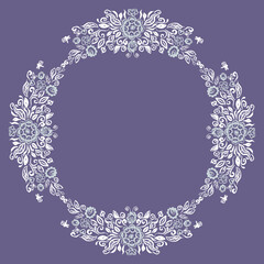 Beautiful card design round summer wreath of flowers leaves, folk art floral ornament Vintage elegant romantic retro wedding invitation, copy space, ink texture. White gray violet background. Vector