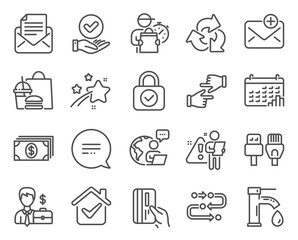 Business icons set. Included icon as Mail correspondence, Click hands, Tap water signs. Banking, New mail, Computer cables symbols. Security lock, Text message, Approved checkbox. Recycle. Vector