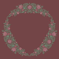 Beautiful card design round summer wreath of flowers leaves, folk art floral ornament Vintage elegant romantic retro wedding invitation, copy space, ink texture. Pink green burgungy background. Vector