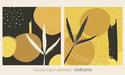Yellow fully abstract background templates in flat style suitable for prints, banners, landing page and more. Hand drawn floral and geometrical shapes in yellow, gold, white and mute black colors. 