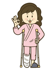 足を骨折して松葉杖をついている笑顔の中年女性のイラスト