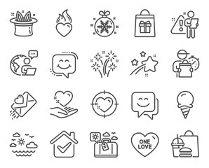 Holidays icons set. Included icon as Hat-trick, Travel sea, Fireworks signs. Smile chat, Ice cream, Christmas ball symbols. Heart target, Love letter, Heart flame. One love, Smile face. Vector