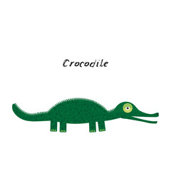 cute Kawaii green crocodile, isolated on white background trend of the season. Can be used for cards for children learning words, food packaging. Vector