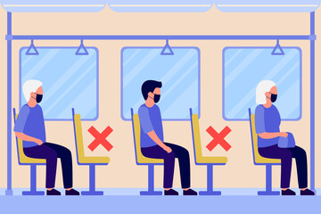 People in protective face mask are going in transport car, subway, bus keeping distance. Young and old men and women travel by public transport. Passengers sit in vehicle. Vector illustration