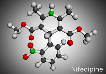 Nifedipine, molecule. It is dihydropyridine calcium channel blocking agent. Molecular model. 3D rendering.