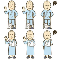 骨折で入院しているシニア男性のイラストセット