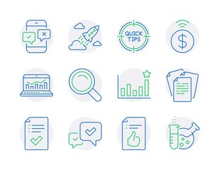 Education icons set. Included icon as Tips, Approved document, Startup rocket signs. Web analytics, Contactless payment, Documents symbols. Search, Approve, Phone survey. Efficacy. Vector