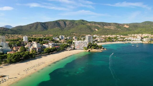 Mallorca, Spain. Aerial view of summer resort town Palma Nova on Mallorca (Majorca) island, sandy beach, clear waters of Mediterranean Sea - landscape of Balearic Islands from above, Europe.