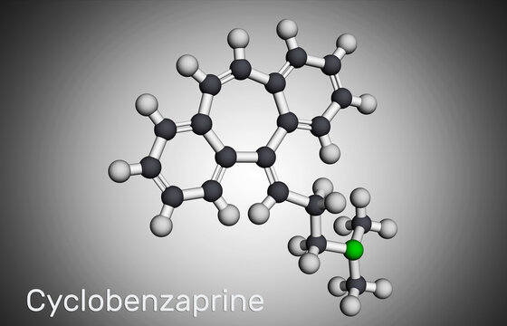 Cyclobenzaprine, molecule. It is centrally-acting muscle relaxant. Molecular model. 3D rendering