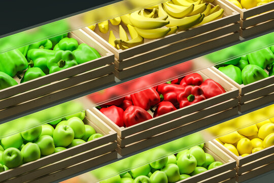 Realistic supermarket shelf with wooden crates. The concept of selling seasonal vegetables and fruits, healthy food. 3d rendering