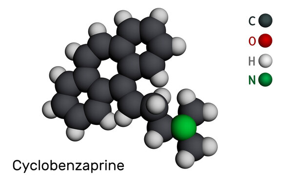 Cyclobenzaprine, molecule. It is centrally-acting muscle relaxant. Molecular model. 3D rendering