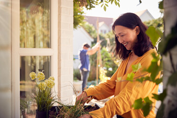 Mature Asian Woman Planting Plants Into Wooden Garden Planter At Home