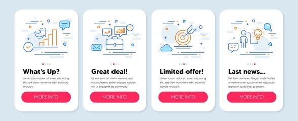 Set of Education icons, such as Target goal, Growth chart, Business portfolio symbols. Mobile screen mockup banners. Business idea line icons. Diagram graph, Job interview, Work planning. Vector