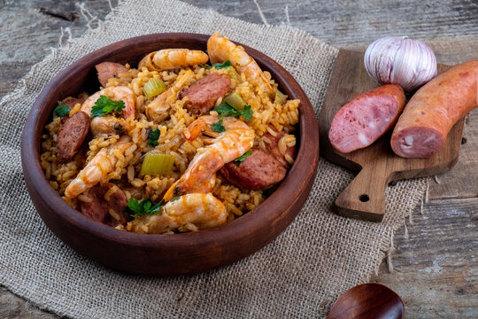 A classic dish of Cajun cuisine is jambalaya with shrimps and sausages.