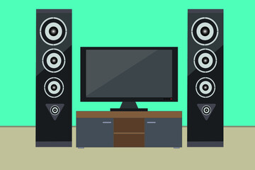 set of household appliances on the background of the wall and floor audio system and blank screen TV vector illustration