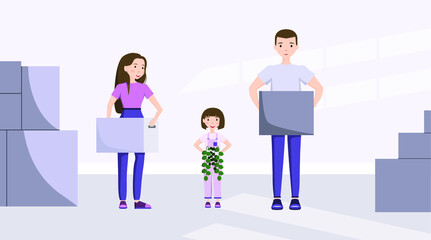 The family moves to a new house. Mom, Dad, kid. Boxes of things