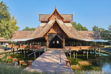 Fototapeta premium Phayao, Thailand - Dec 13, 2020: Jaturamook Sanctuary on Blue Sky Background in Wat Analayo Temple