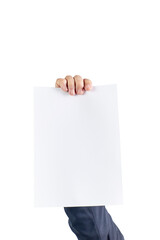 Mockup of executive hand holding colored cardboard on white background