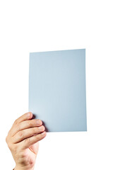 Mockup of male hand holding a colored cardboard on a white background