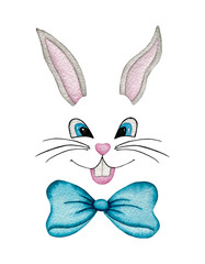 Cartoon rabbit face with blue bow isolated on white, watercolor animal illustration, cute Easter bunny boy face, hand painted Easter decoration