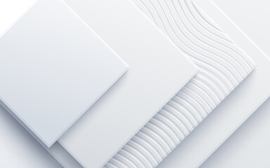 Abstract 3d background with white paper layers. Vector geometric illustration of white sliced shapes with wavy lines. Graphic design element.