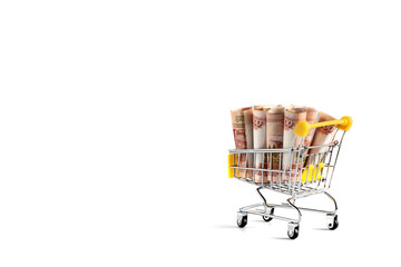 Money inside a yellow shopping cart on a white background. Isolated.