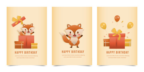 Invitation birthday greeting card with a cute animal and gift box. jungle animals celebrate children's birthday and template invitation papercraft style vector illustration.
