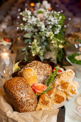 Tables served for special occasion, decorated with flower