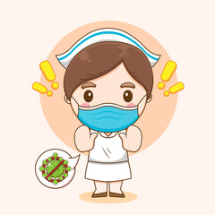 Cartoon illustration of cute nurse character with mask fight against virus