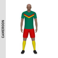 3D realistic soccer player mockup. Cameroon Football Team Kit template