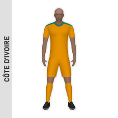 3D realistic soccer player mockup. Cote d'Ivoire Football Team Kit template