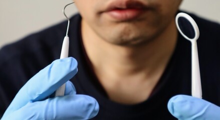 歯石取りの道具を持つ人物
